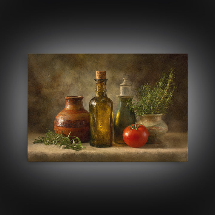 Olive Oil Bottle and Rosemary Branch Framed Canvas Print, Kitchen Art, Kitchen Print, Kitchen Decor, Watercolor Art, Kitchen, KIT-3x2-81