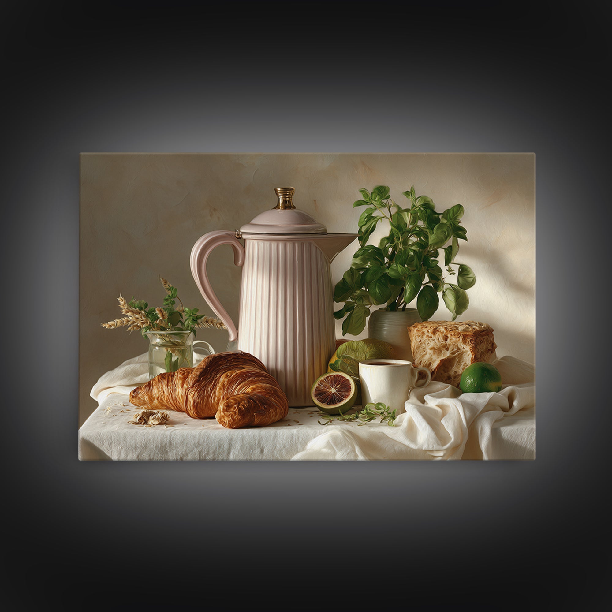 Coffee Pot and Croissant Morning Still Life Canvas Print, Kitchen Art, Wall Art, Kitchen Decor, Kitchen, Kitchen Wall Art, KIT-3x2-83