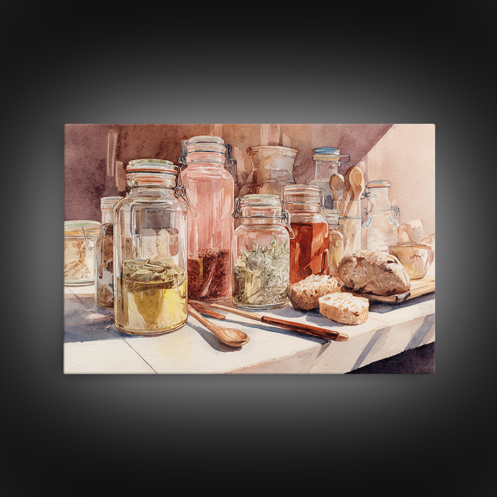 Watercolor Spice Jars Without Readable Labels Canvas Print, Kitchen Art, Coffee Print, Kitchen Decor, Oil Painting, Kitchen, KIT-3x2-89