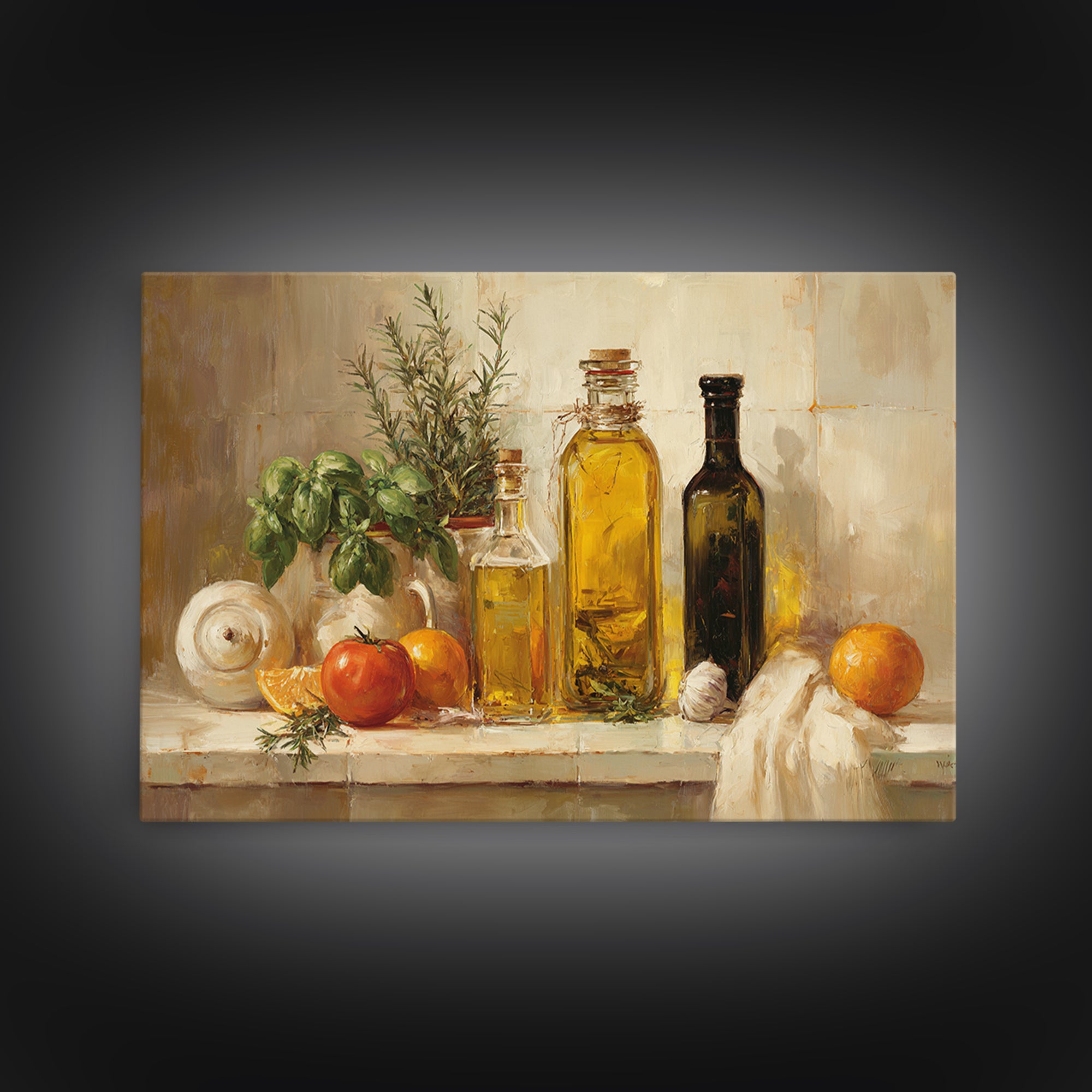 Olive Oil Bottle and Rosemary Branch Framed Canvas Print, Kitchen Art, Printable Art, Kitchen Decor, Oil Painting, Kitchen, KIT-3x2-9