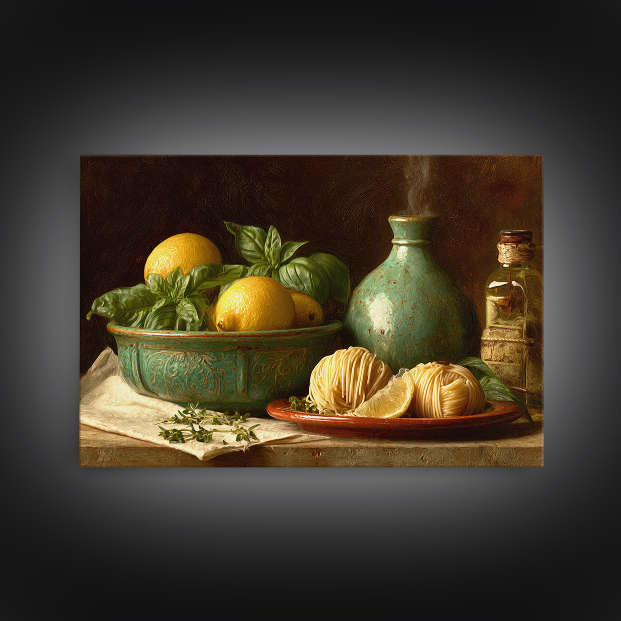 Pasta Lemons and Basil Mediterranean Still Life Canvas Print, Kitchen Art, Kitchen Art Print, Kitchen Decor, Fine Art, Kitchen, KIT-3x2-93