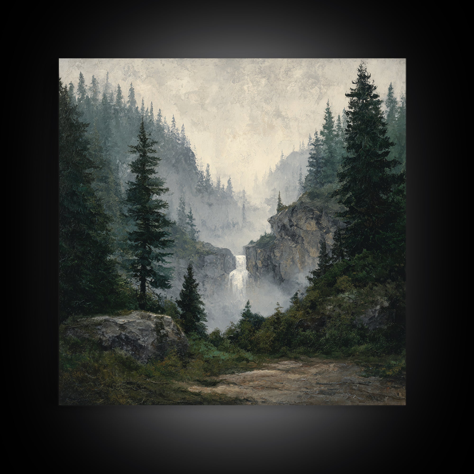 Waterfall Hidden in Dense Forest Framed Canvas Print, Landscape Art, Decor, Living Room Decor, Oil Painting, Horizon, LAN-1x1-12