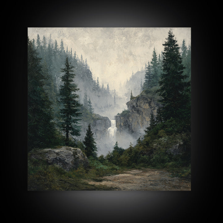 Waterfall Hidden in Dense Forest Framed Canvas Print, Landscape Art, Decor, Living Room Decor, Oil Painting, Horizon, LAN-1x1-12