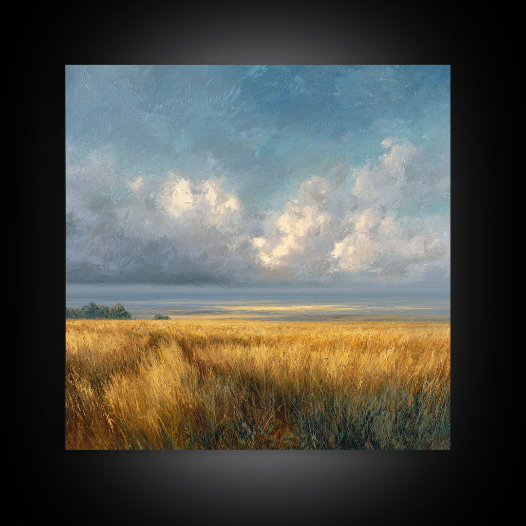 Golden Wheat Field Beneath Huge Clouds Framed Canvas Print, Landscape Art, Wall Art Print, Living Room Decor, Fine Art, Horizon, LAN-1x1-24