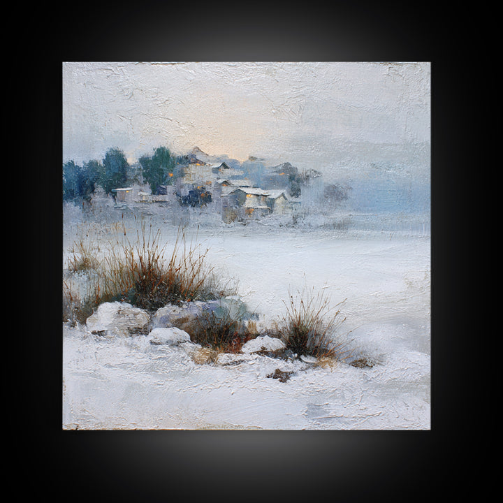 Snow Covered Alpine Village at Dusk Canvas Print, Landscape Art, Abstract Wall Art, Living Room Decor, Fine Art, Horizon, LAN-1x1-31