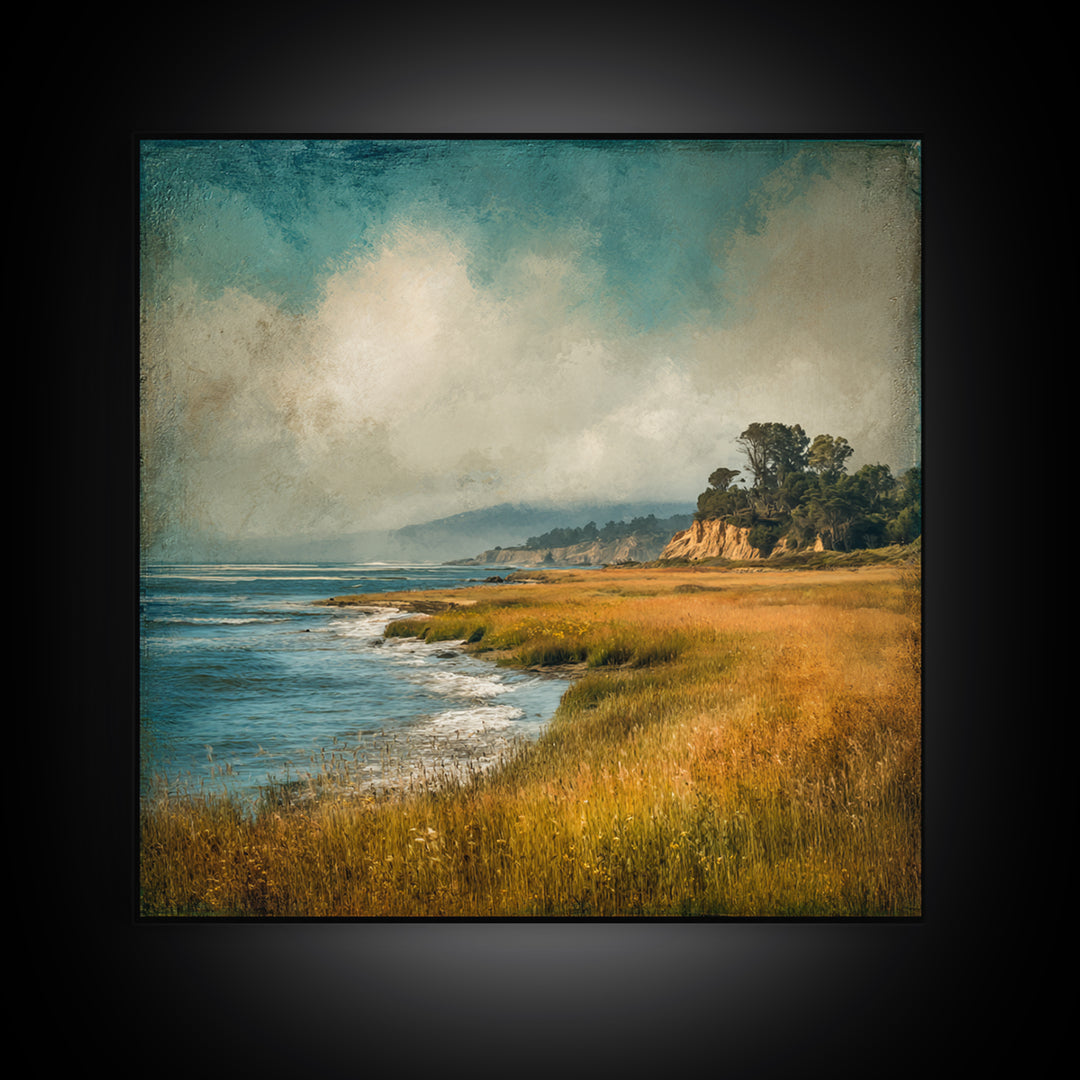Coastal Cliffs with Crashing Waves Framed Canvas Print, Landscape Art, Gallery Decor, Living Room Decor, Fine Art, Horizon, LAN-1x1-32