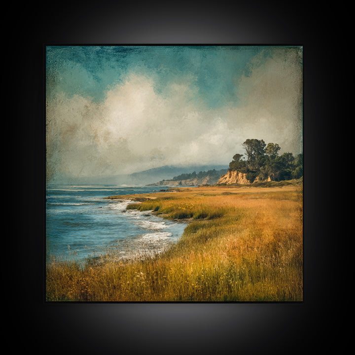 Coastal Cliffs with Crashing Waves Framed Canvas Print, Landscape Art, Gallery Decor, Living Room Decor, Fine Art, Horizon, LAN-1x1-32