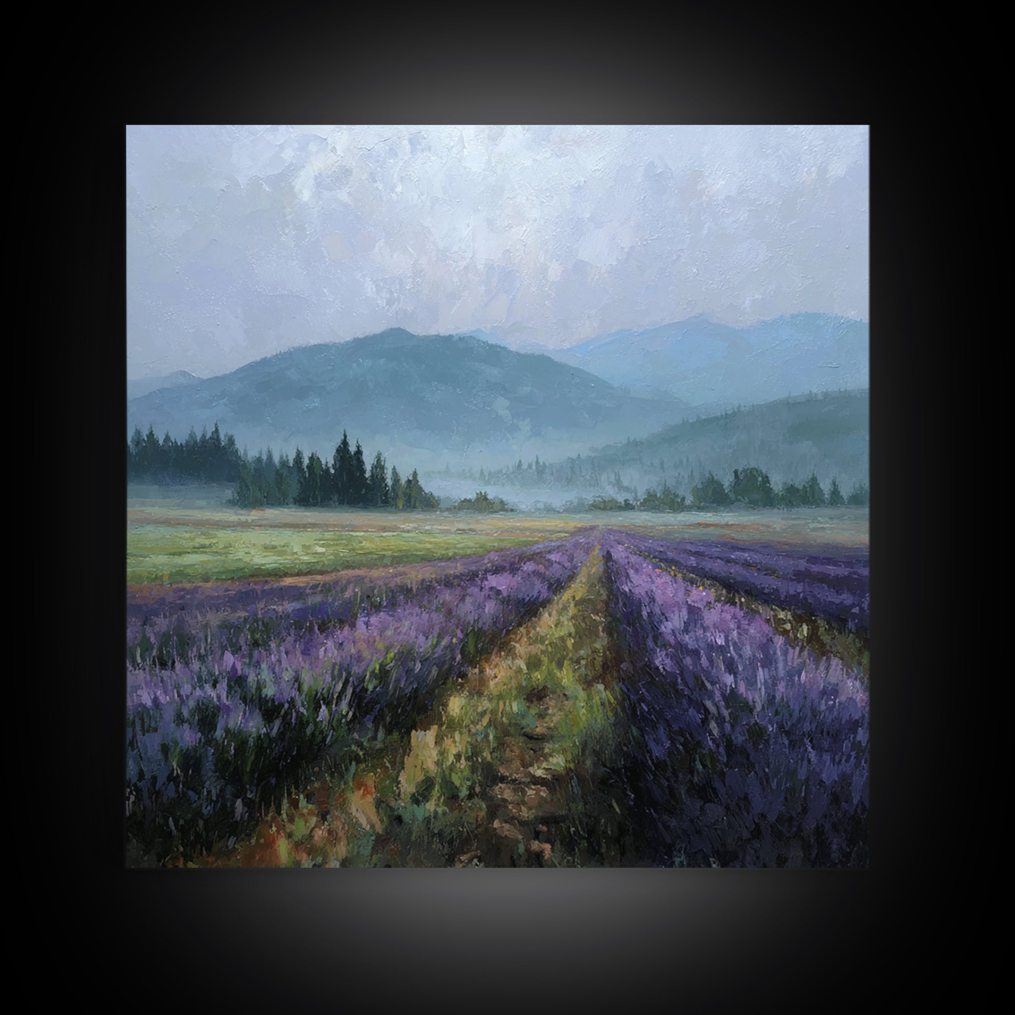 Lavender Field Leading to Distant Hills Framed Canvas Print, Landscape Art, Modern Art, Living Room Decor, Watercolor Art, LAN-1x1-34