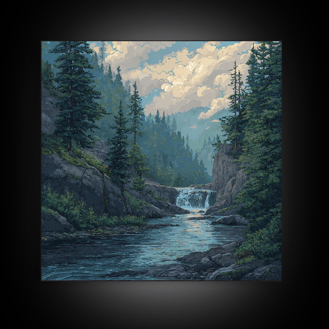 Waterfall Hidden in Dense Forest Canvas Print, Landscape Art, Original Painting, Living Room Decor, Fine Art, Horizon, LAN-1x1-36