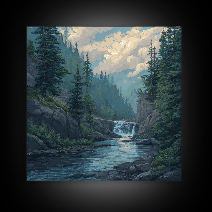 Waterfall Hidden in Dense Forest Canvas Print, Landscape Art, Original Painting, Living Room Decor, Fine Art, Horizon, LAN-1x1-36