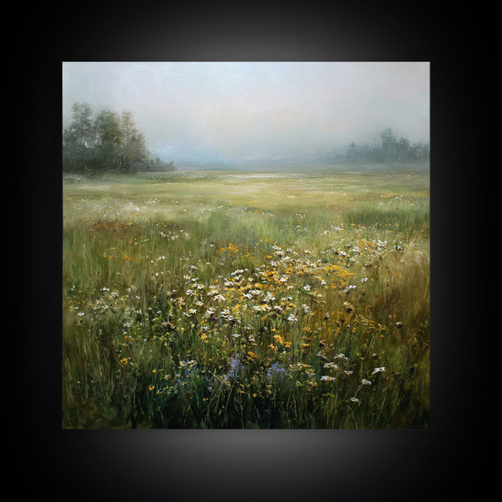 Sunlit Meadow with Wildflowers Framed Canvas Print, Landscape Art, Boho Decor, Living Room Decor, Fine Art, Horizon, Art Prints, LAN-1x1-37