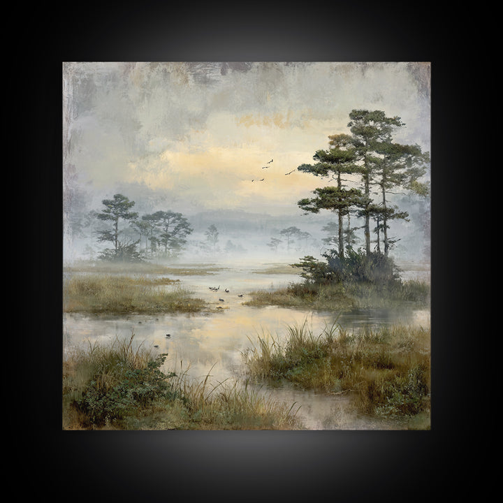 Misty Cypress Swamp Framed Canvas Print, Landscape Art, Living Room Wall Art, Living Room Decor, Oil Painting, Horizon, LAN-1x1-46