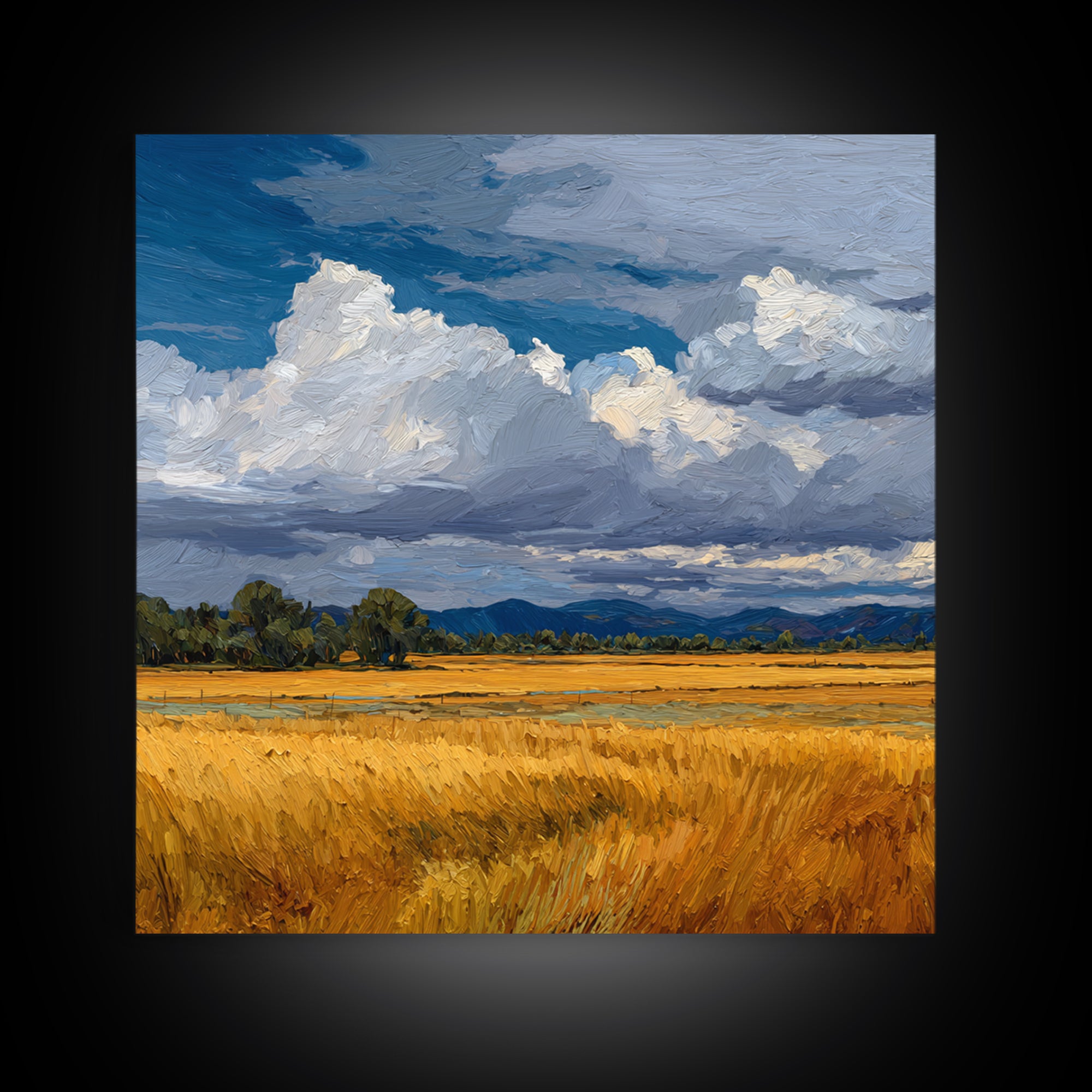 Golden Wheat Field Beneath Huge Clouds Framed Canvas Print, Landscape Art, Decor, Living Room Decor, Oil Painting, Horizon, LAN-1x1-48