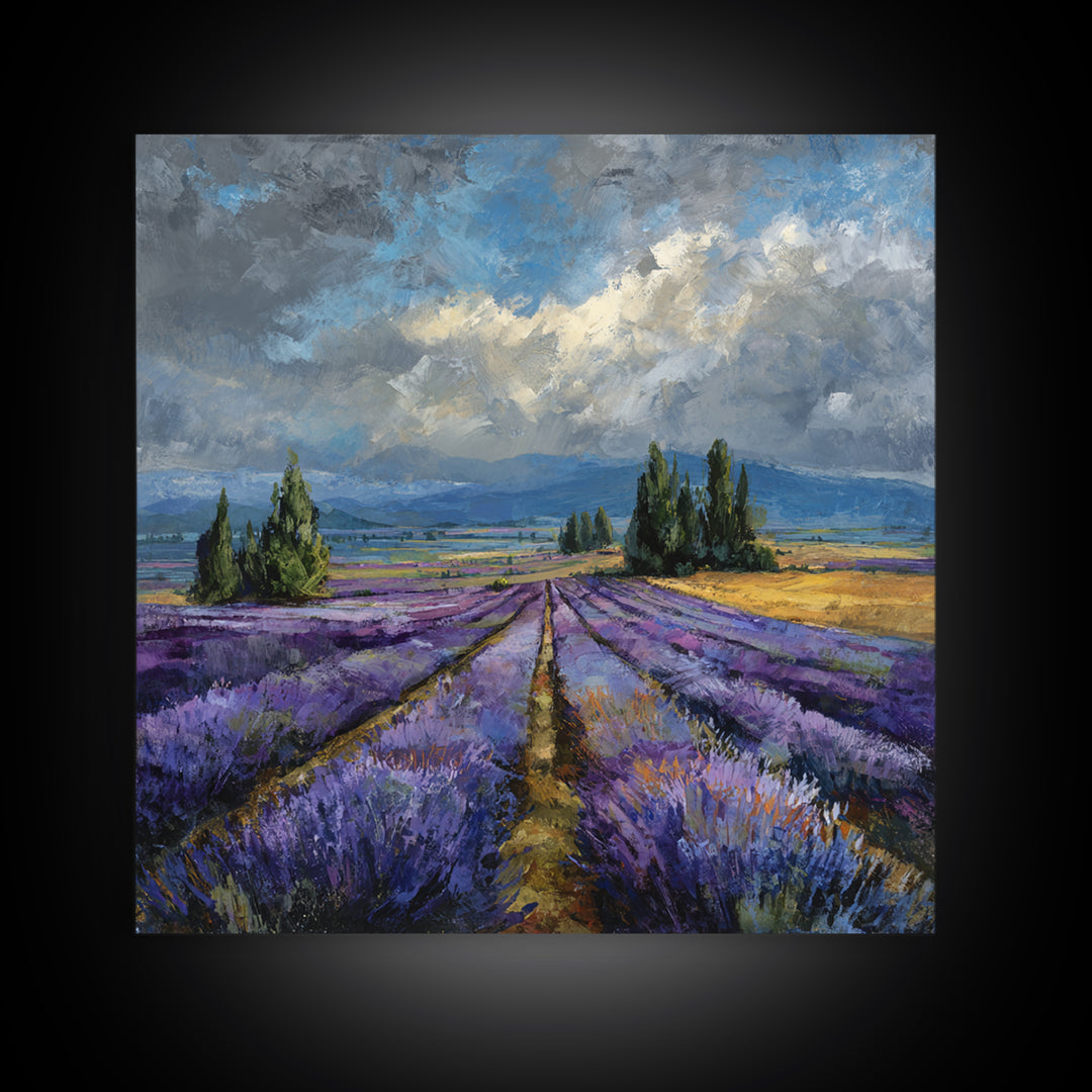 Lavender Field Leading to Distant Hills Framed Canvas Print, Landscape Art, Modern Art, Living Room Decor, Watercolor Art, LAN-1x1-58