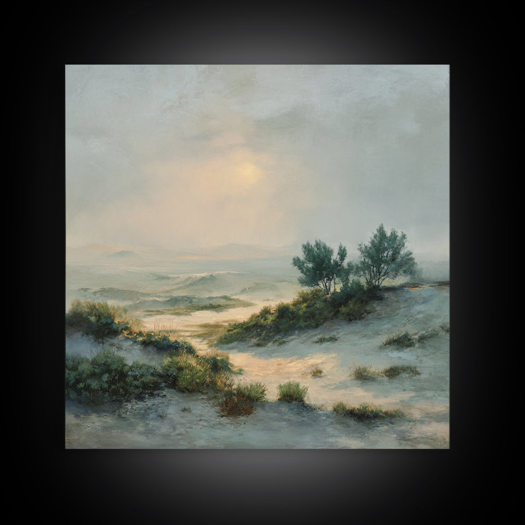 Desert Dunes under Pale Moon Canvas Print, Landscape Art, Gallery Decor, Living Room Decor, Fine Art, Horizon, Wall Art, LAN-1x1-59