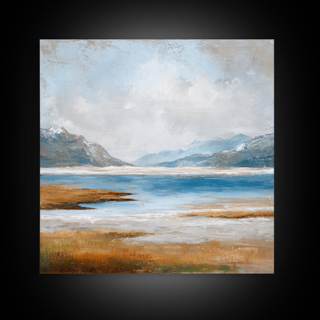 Fjord Landscape with Icy Blue Water Framed Canvas Print, Landscape Art, Neutral Decor, Living Room Decor, Oil Painting, Horizon, LAN-1x1-63