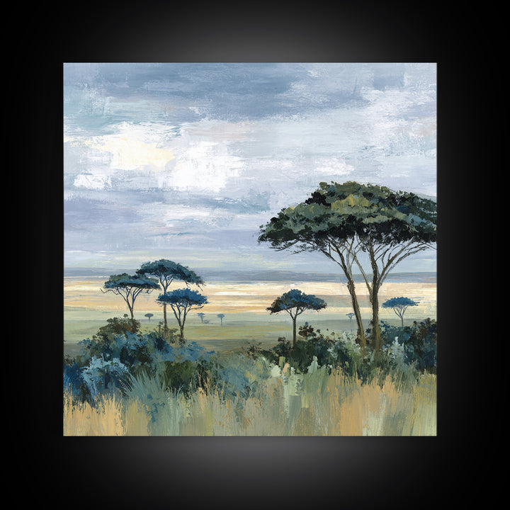 Wide Savanna with Acacia Silhouette Framed Canvas Print, Landscape Art, Modern Decor, Living Room Decor, Fine Art, Horizon, LAN-1x1-67