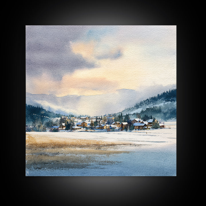 Snow Covered Alpine Village at Dusk Framed Canvas Print, Landscape Art, Framed Wall Art, Living Room Decor, Oil Painting, LAN-1x1-7