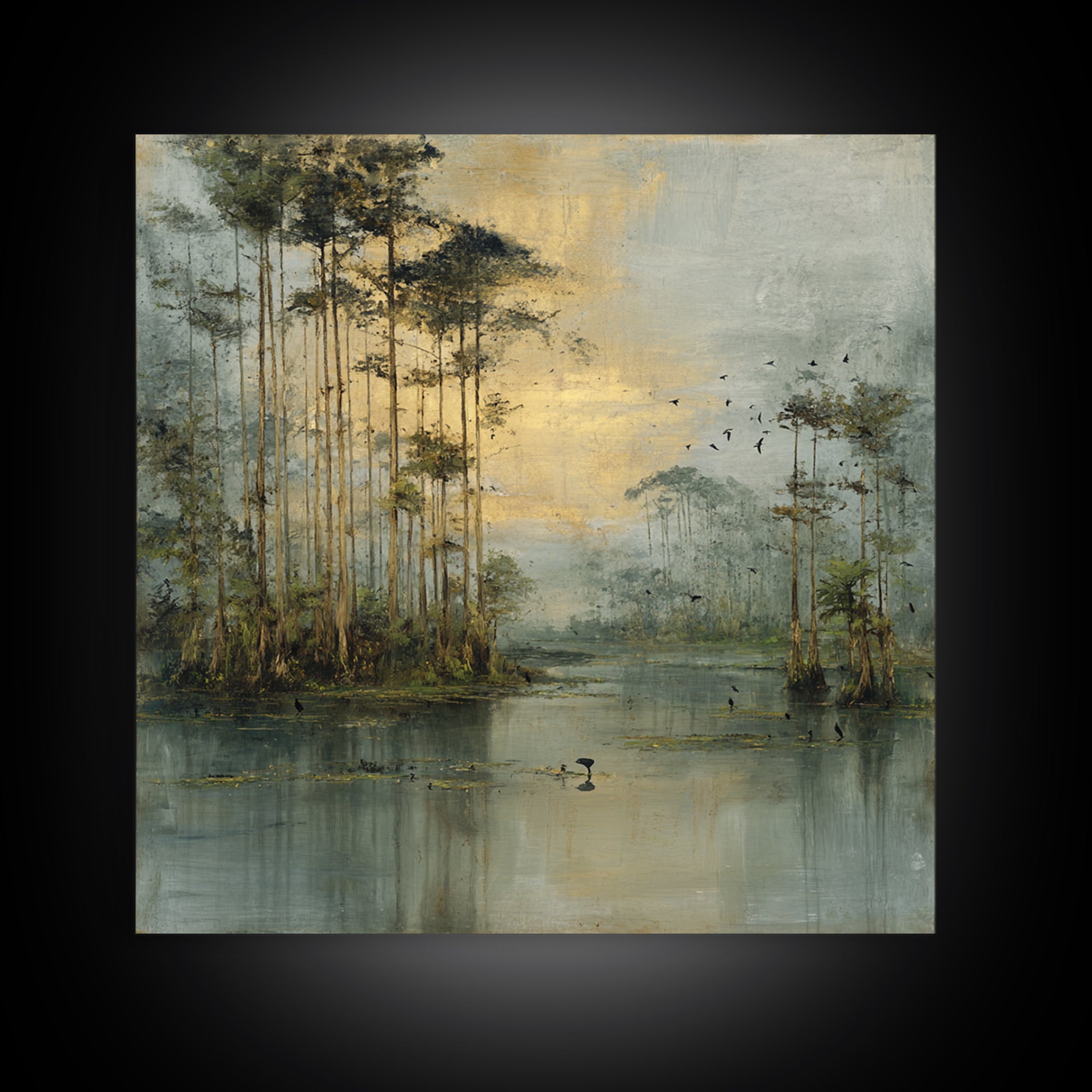 Misty Cypress Swamp Framed Canvas Print, Landscape Art, Living Room Wall Art, Living Room Decor, Oil Painting, Horizon, LAN-1x1-70