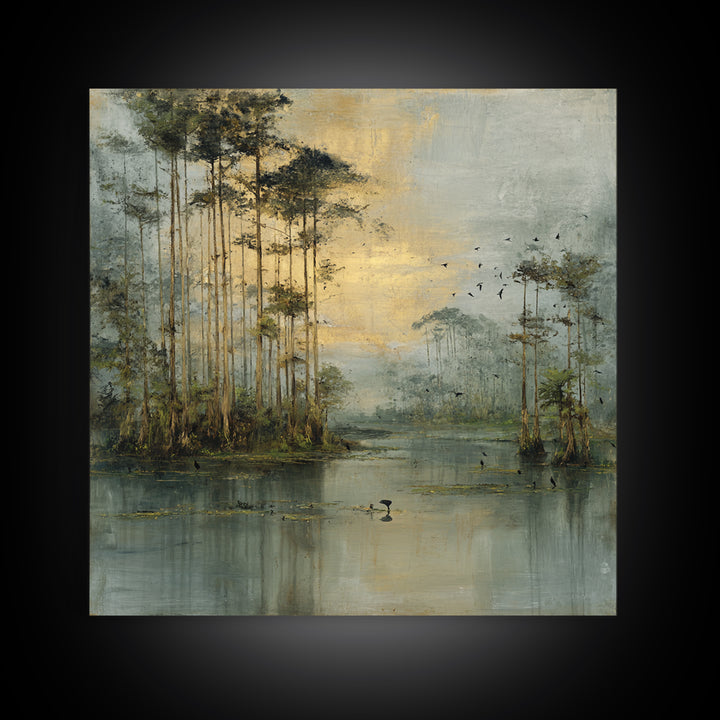 Misty Cypress Swamp Framed Canvas Print, Landscape Art, Living Room Wall Art, Living Room Decor, Oil Painting, Horizon, LAN-1x1-70
