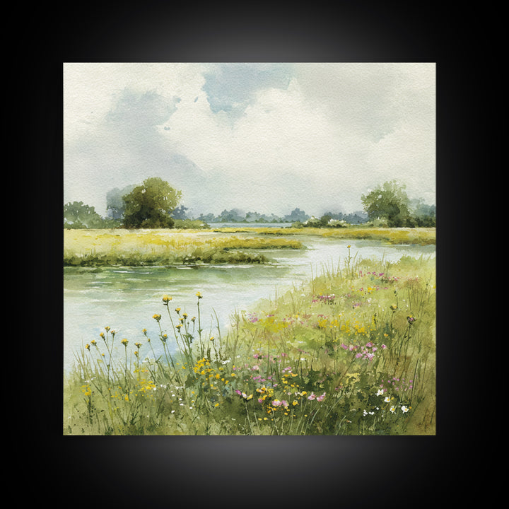 Sunlit Meadow with Wildflowers Canvas Print, Landscape Art, Minimalist Decor, Living Room Decor, Oil Painting, Horizon, LAN-1x1-85