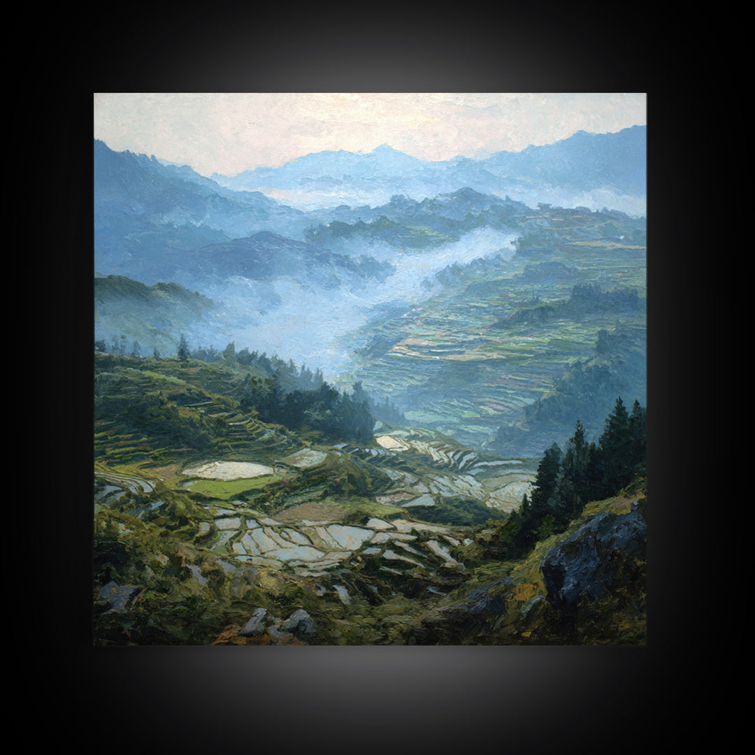 Rice Terraces Glowing Canvas Print, Landscape Art, Neutral Decor, Living Room Decor, Oil Painting, Horizon, Home Decor, LAN-1x1-90