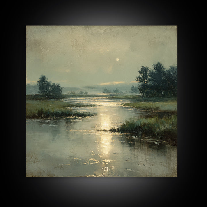 Moonlit River with Silver Reflections Framed Canvas Print, Landscape Art, Wall Art, Living Room Decor, Fine Art, Horizon, LAN-1x1-93