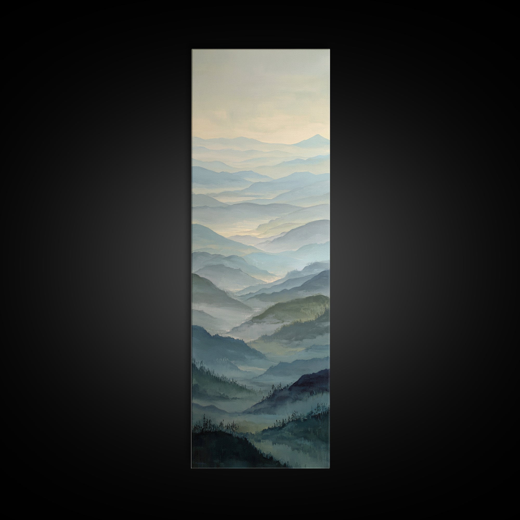 Misty Mountain Valley at Sunrise Canvas Print, Landscape Art, Minimalist Decor, Living Room Decor, Oil Painting, Horizon, LAN-1x3-13