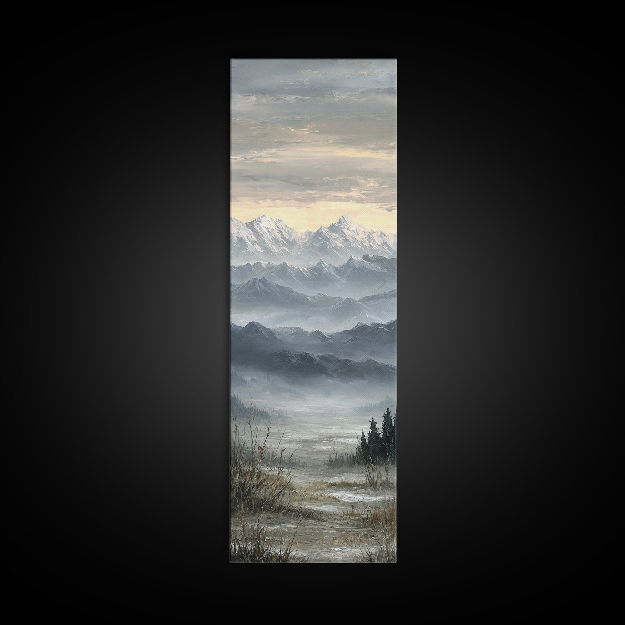Snow Covered Alpine Village at Dusk Framed Canvas Print, Landscape Art, Framed Wall Art, Living Room Decor, Oil Painting, LAN-1x3-19