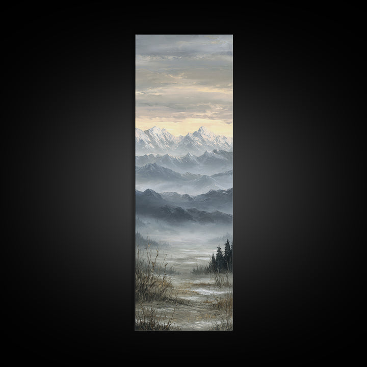 Snow Covered Alpine Village at Dusk Framed Canvas Print, Landscape Art, Framed Wall Art, Living Room Decor, Oil Painting, LAN-1x3-19