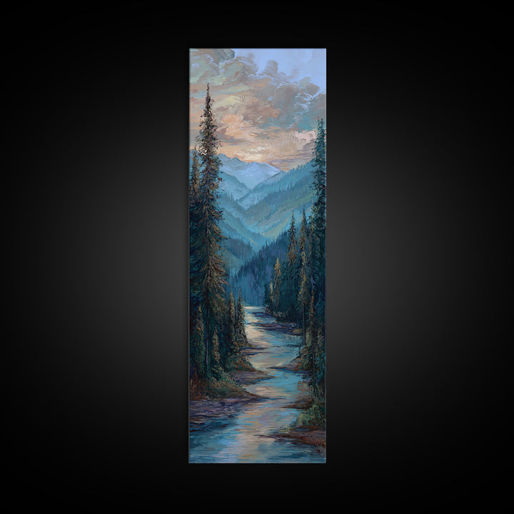 Waterfall Hidden in Dense Forest Framed Canvas Print, Landscape Art, Decor, Living Room Decor, Oil Painting, Horizon, LAN-1x3-24