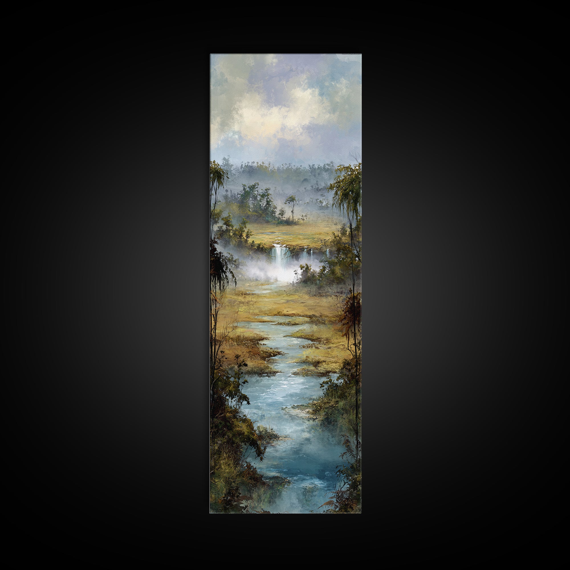 Tropical Jungle Waterfall Framed Canvas Print, Landscape Art, Minimalist Decor, Living Room Decor, Oil Painting, Horizon, LAN-1x3-4