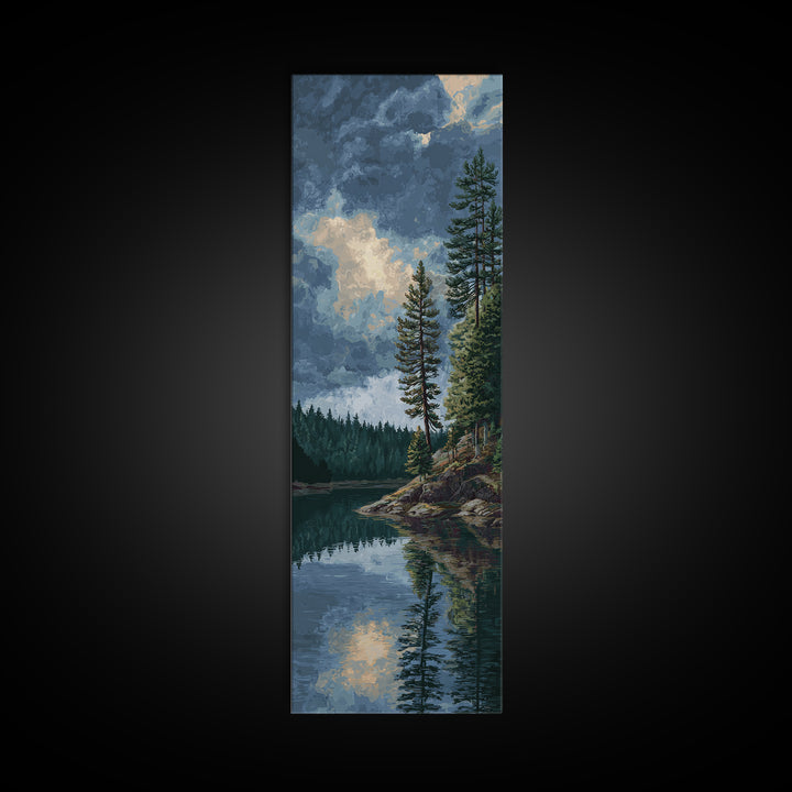 Quiet Lake Reflecting Pine Forest Canvas Print, Landscape Art, Framed Wall Art, Living Room Decor, Oil Painting, Horizon, LAN-1x3-40