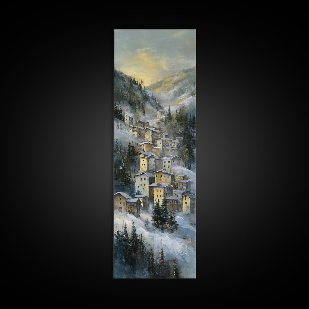 Snow Covered Alpine Village at Dusk Canvas Print, Landscape Art, Abstract Wall Art, Living Room Decor, Fine Art, Horizon, LAN-1x3-43