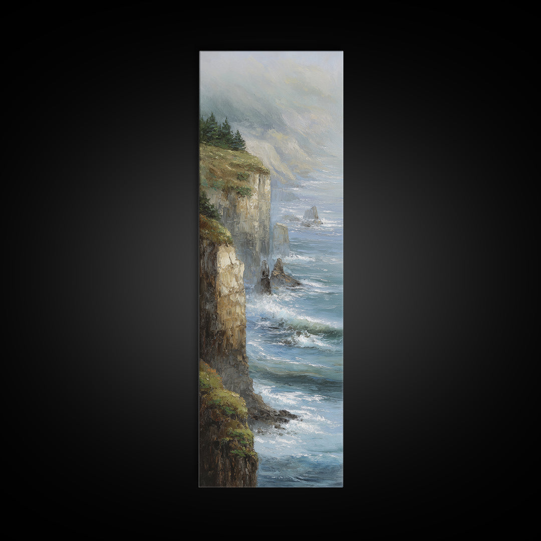Coastal Cliffs with Crashing Waves Canvas Print, Landscape Art, Printable Wall Art, Living Room Decor, Oil Painting, Horizon, LAN-1x3-44