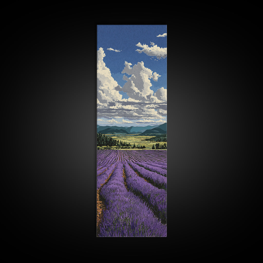 Lavender Field Leading to Distant Hills Framed Canvas Print, Landscape Art, Modern Decor, Living Room Decor, Fine Art, Horizon, LAN-1x3-46
