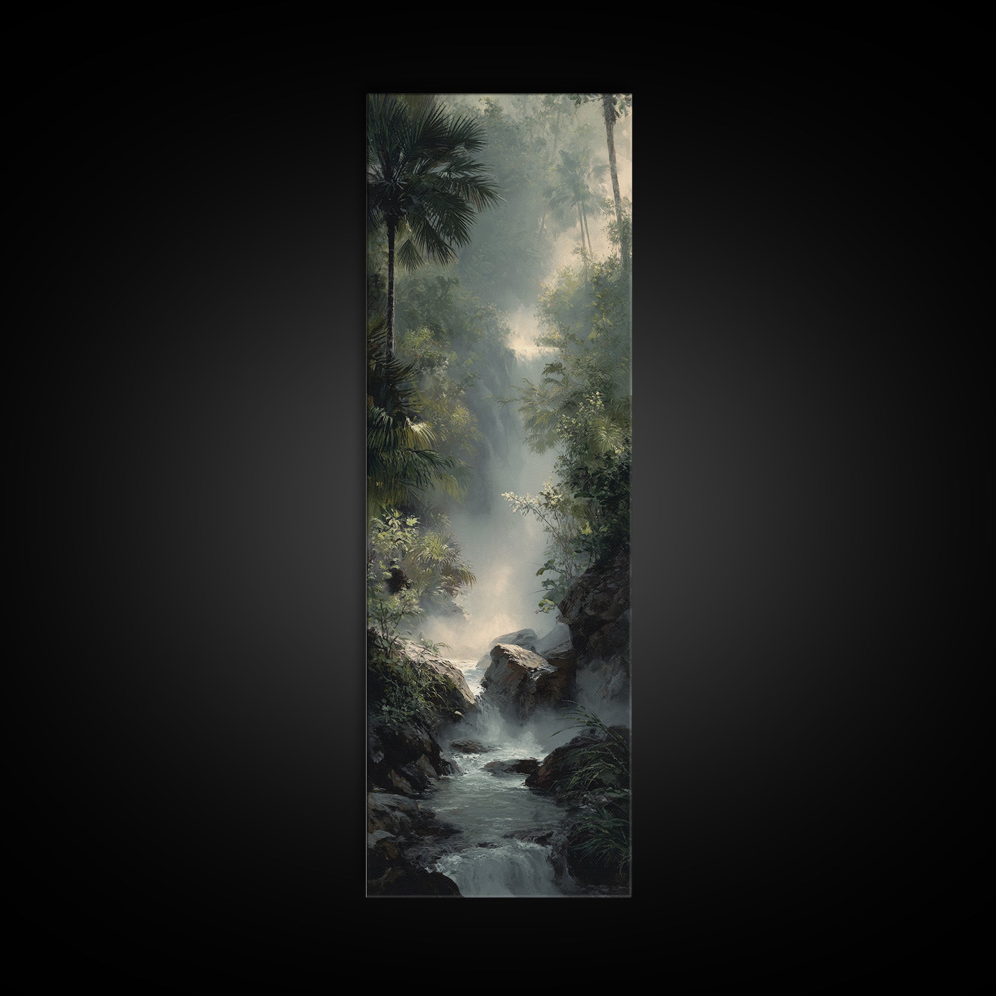 Tropical Jungle Waterfall Framed Canvas Print, Landscape Art, Digital Wall Art, Living Room Decor, Fine Art, Horizon, LAN-1x3-52