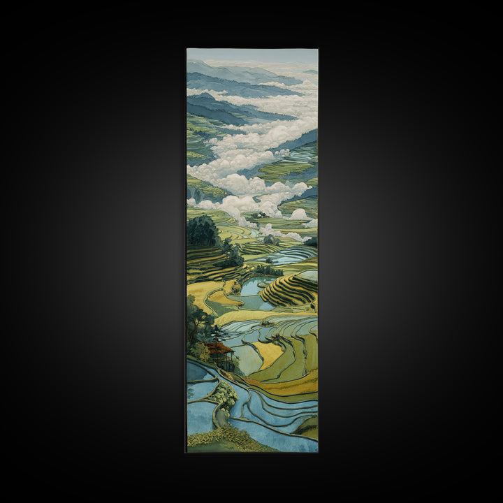 Rice Terraces Glowing Framed Canvas Print, Landscape Art, Floral Wall Art, Living Room Decor, Horizon, Minimalist Decor, LAN-1x3-54