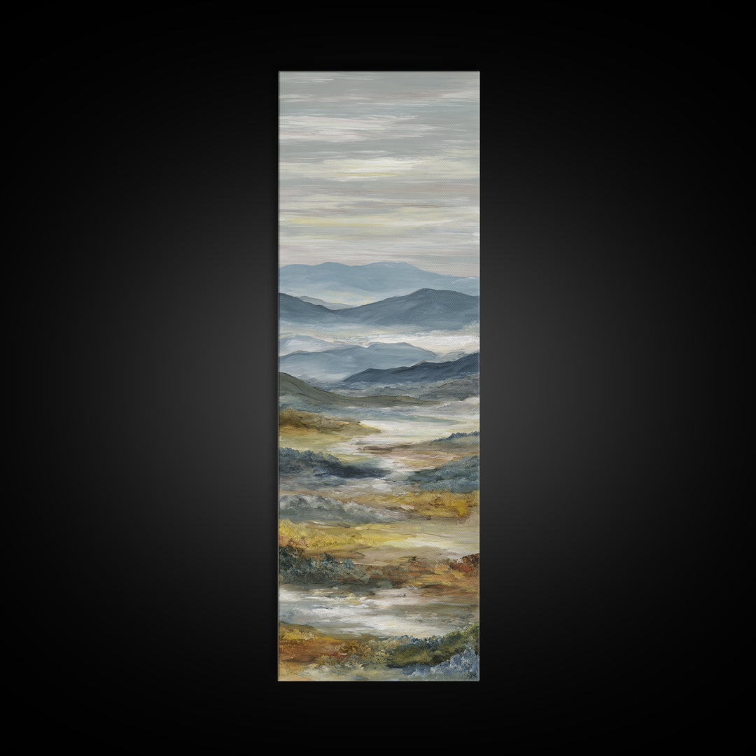 Misty Mountain Valley at Sunrise Framed Canvas Print, Landscape Art, Digital Prints, Living Room Decor, Fine Art, Horizon, LAN-1x3-61