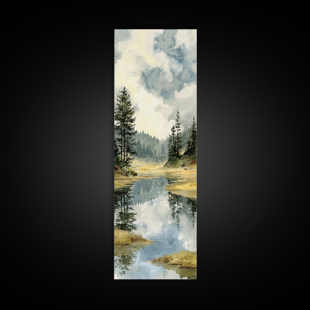 Quiet Lake Reflecting Pine Forest Framed Canvas Print, Landscape Art, Abstract Wall Art, Living Room Decor, Fine Art, Horizon, LAN-1x3-64