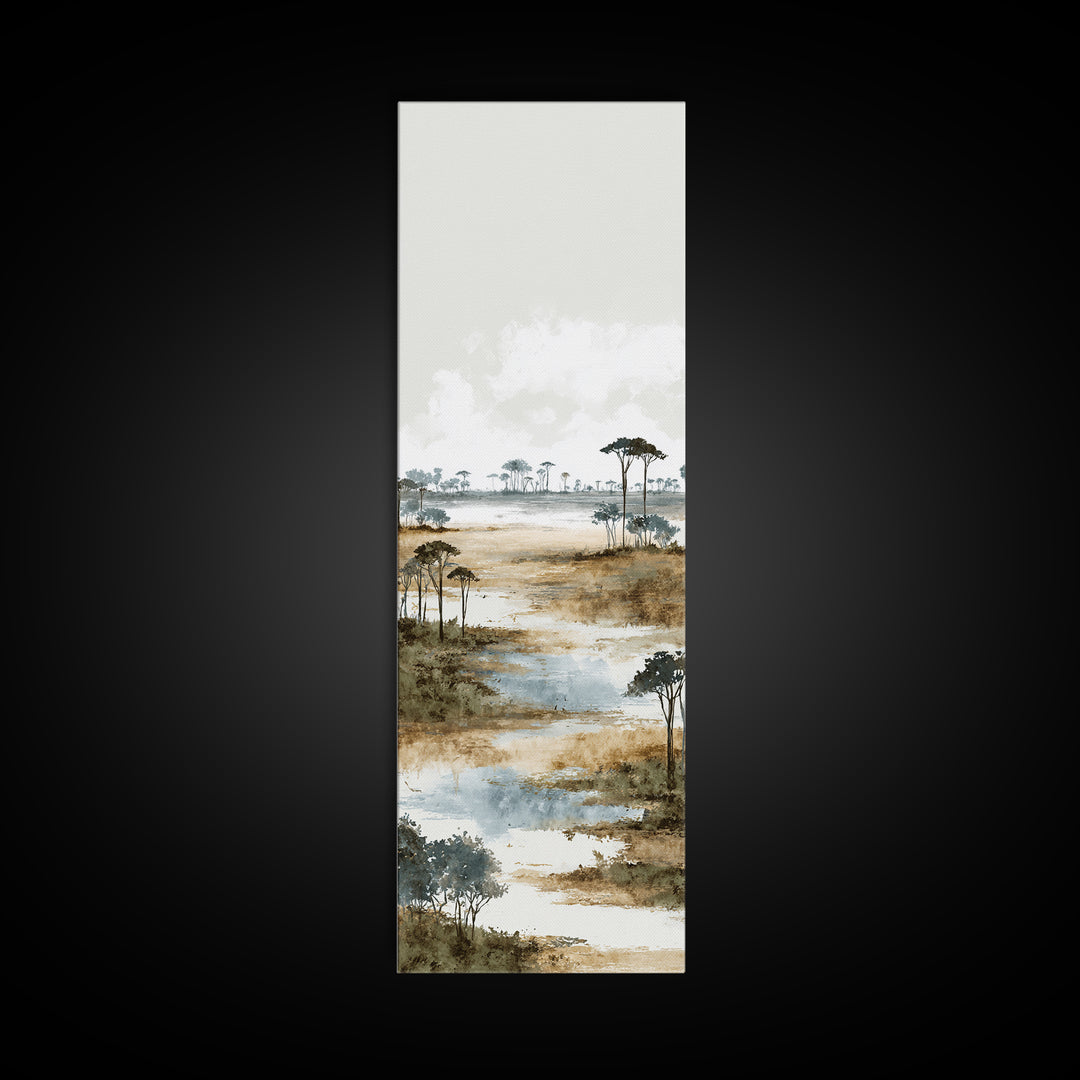 Wide Savanna with Acacia Silhouette Canvas Print, Landscape Art, Digital Wall Art, Living Room Decor, Fine Art, Horizon, LAN-1x3-7