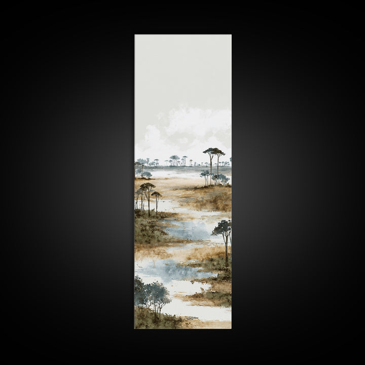 Wide Savanna with Acacia Silhouette Canvas Print, Landscape Art, Digital Wall Art, Living Room Decor, Fine Art, Horizon, LAN-1x3-7