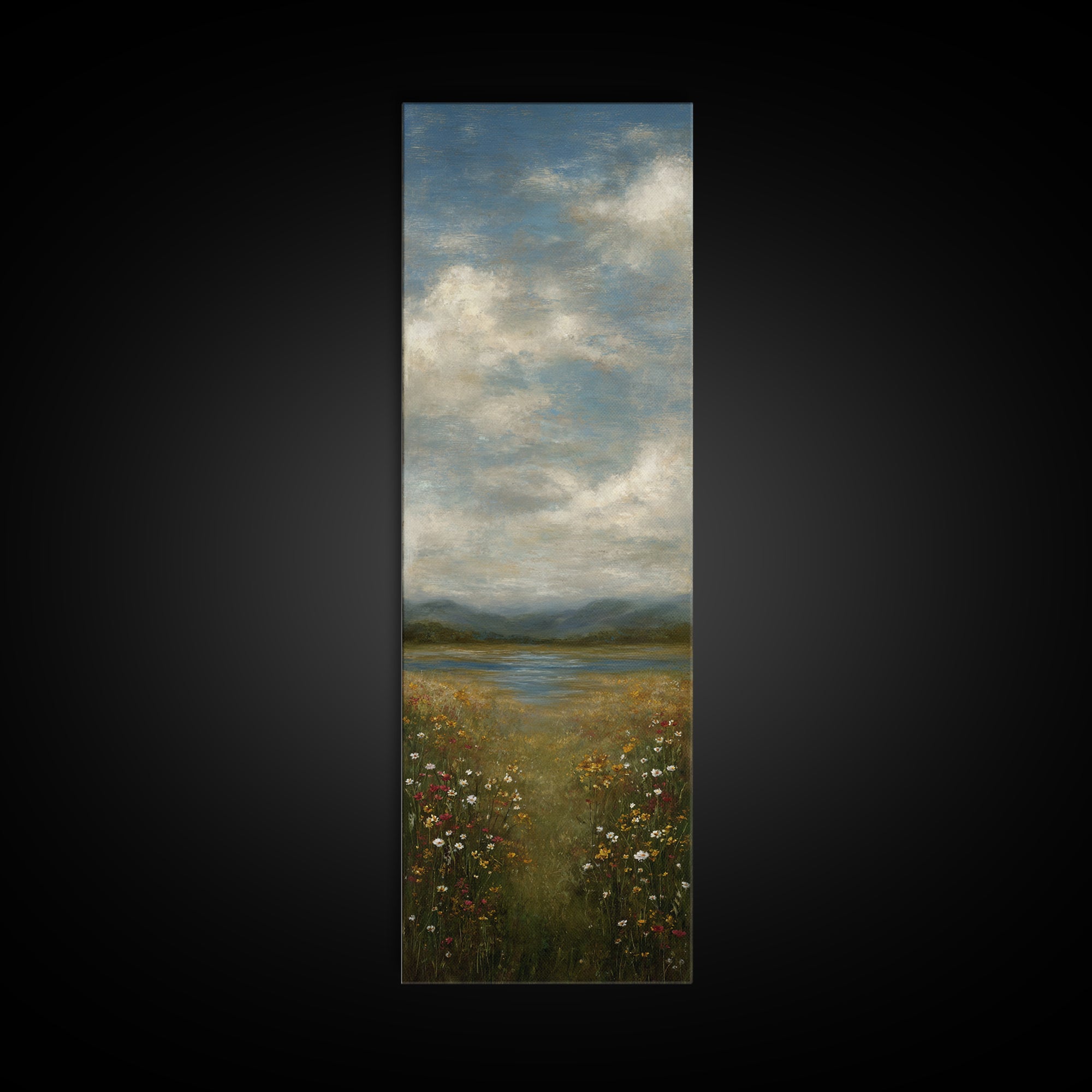 Sunlit Meadow with Wildflowers Canvas Print, Landscape Art, Framed Wall Art, Living Room Decor, Oil Painting, Horizon, LAN-1x3-73