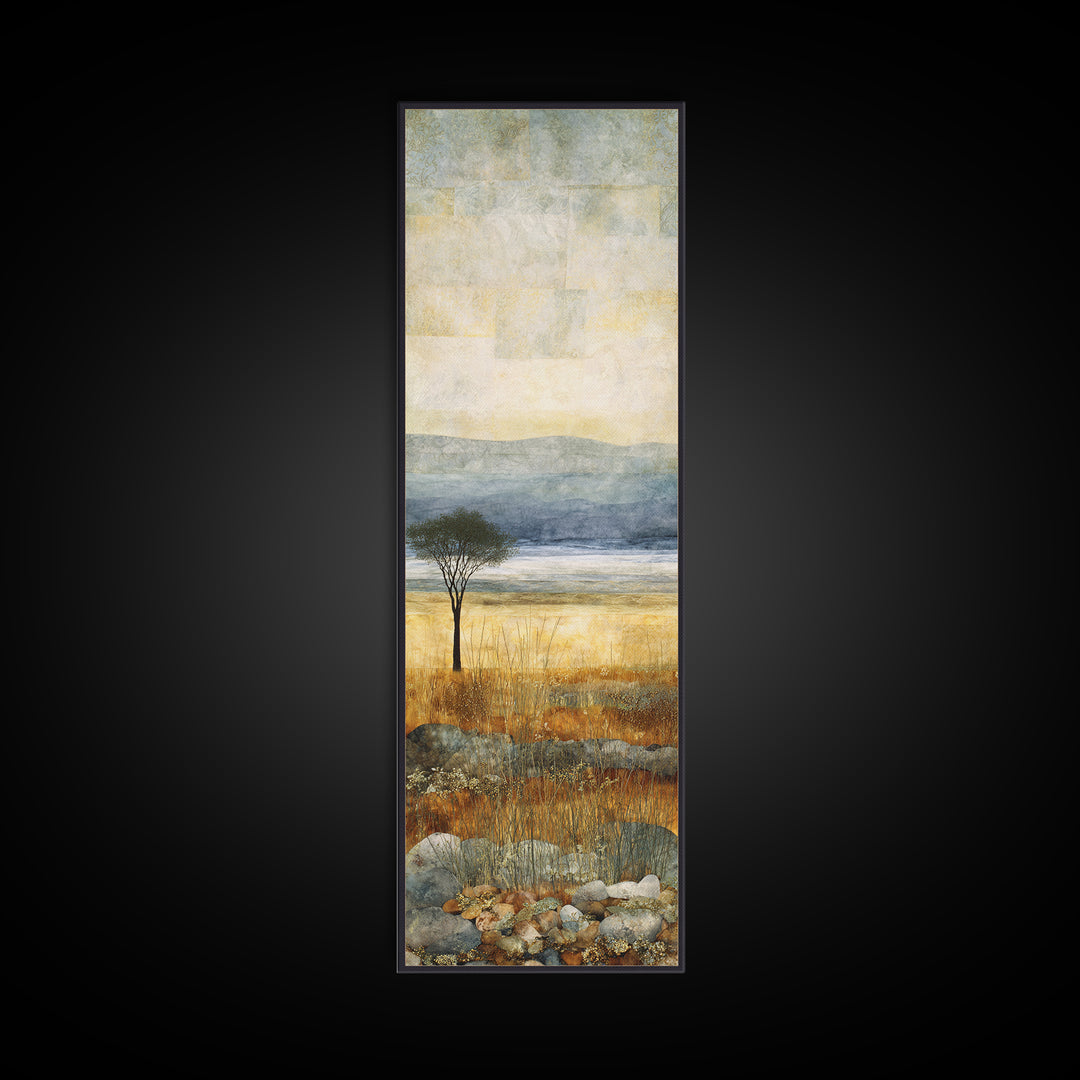 Wide Savanna with Acacia Silhouette Framed Canvas Print, Landscape Art, Living Room Wall Art, Living Room Decor, Oil Painting, LAN-1x3-79