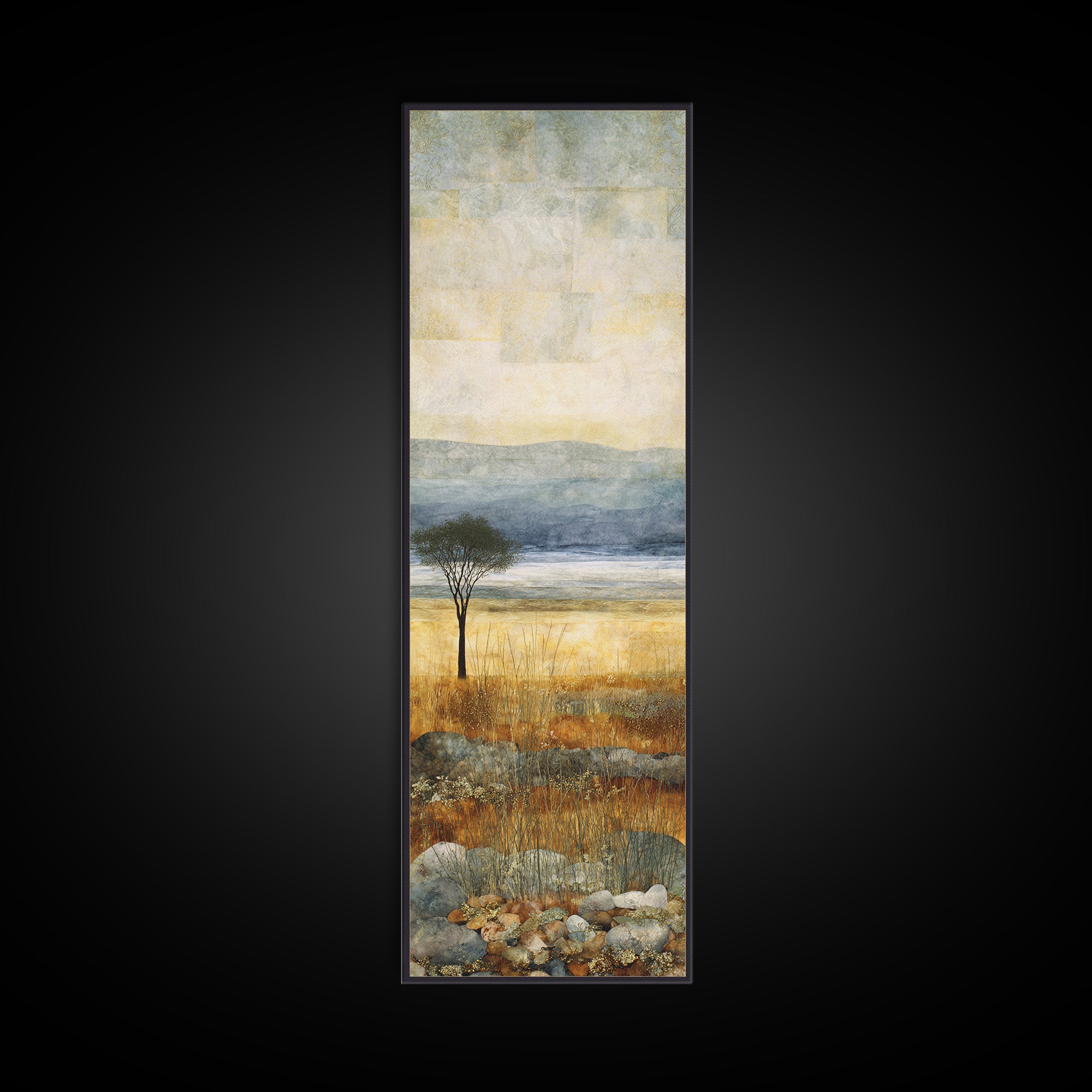 Wide Savanna with Acacia Silhouette Framed Canvas Print, Landscape Art, Living Room Wall Art, Living Room Decor, Oil Painting, LAN-1x3-79