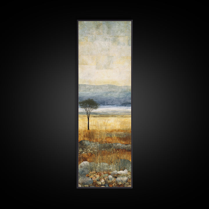 Wide Savanna with Acacia Silhouette Framed Canvas Print, Landscape Art, Living Room Wall Art, Living Room Decor, Oil Painting, LAN-1x3-79