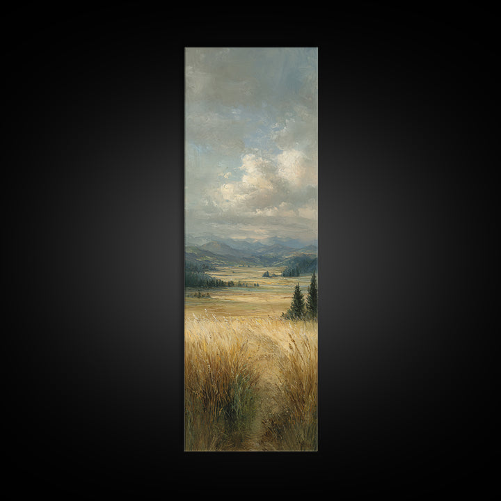 Golden Wheat Field Beneath Huge Clouds Framed Canvas Print, Landscape Art, Living Room Decor, Oil Painting, Horizon, Modern Art, LAN-1x3-84