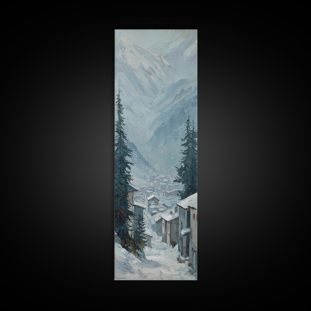 Snow Covered Alpine Village at Dusk Framed Canvas Print, Landscape Art, Boho Decor, Living Room Decor, Fine Art, Horizon, LAN-1x3-91