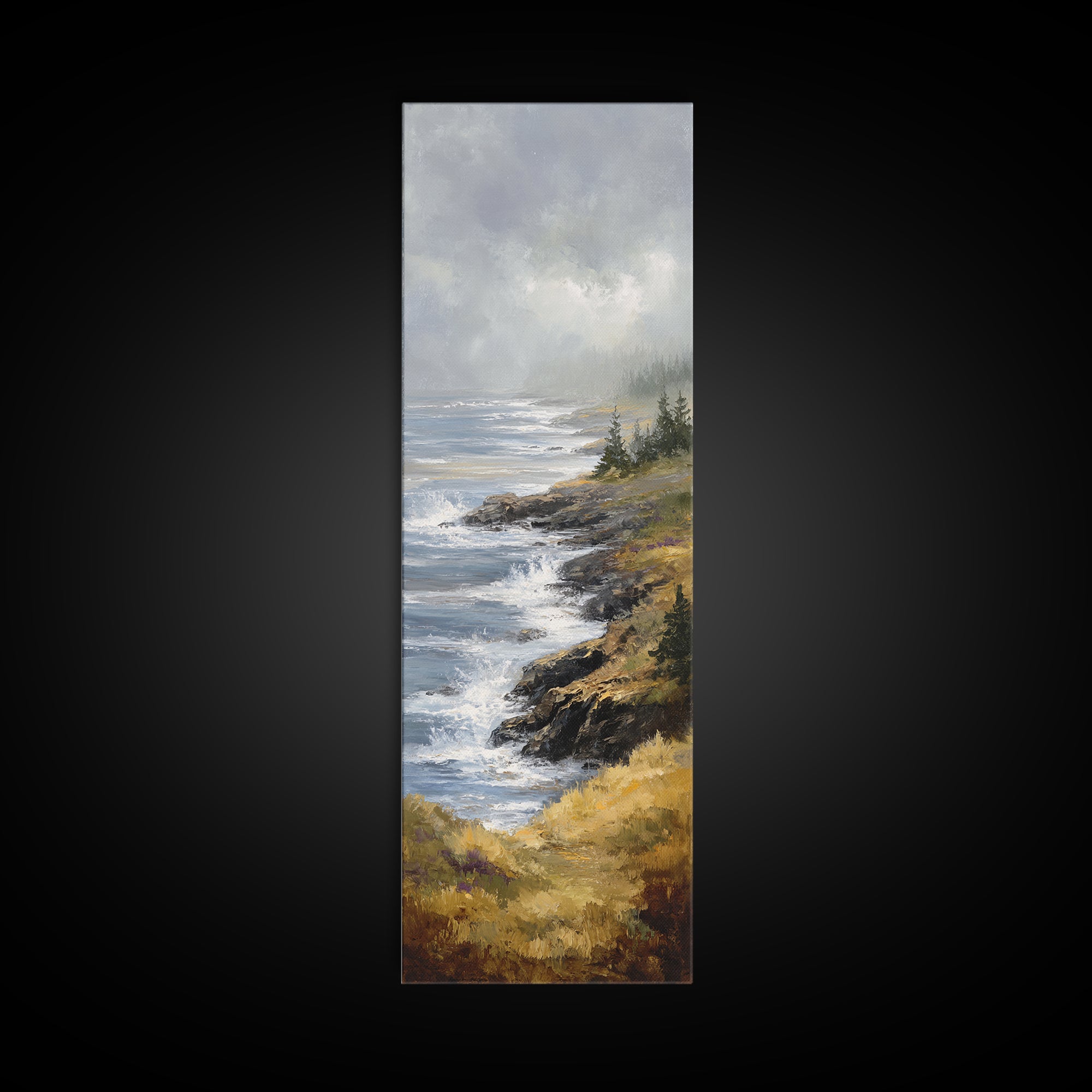 Coastal Cliffs with Crashing Waves Framed Canvas Print, Landscape Art, Modern Wall Art, Living Room Decor, Watercolor Art, LAN-1x3-92