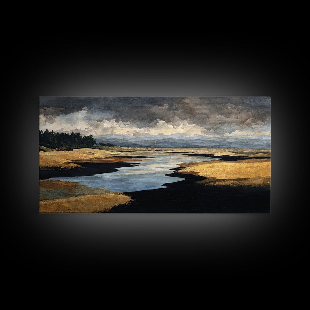 Volcanic Black Beach Framed Canvas Print, Landscape Art, Contemporary Art, Living Room Decor, Fine Art, Horizon, Original Art, LAN-2x1-10